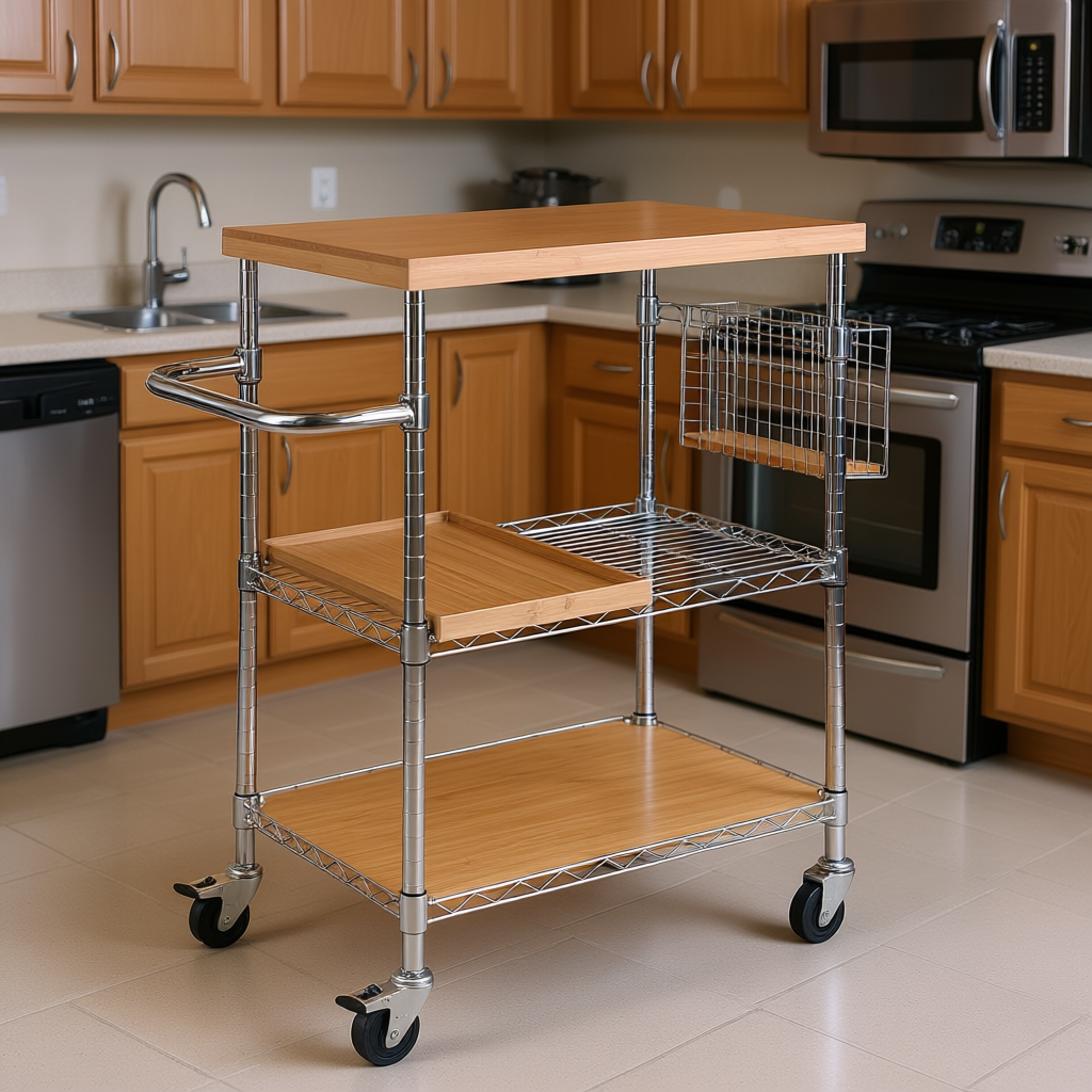3-Tier Bamboo Kitchen Cart | Rolling Storage Cart with Wood Shelves, Wire Basket & Chrome Frame