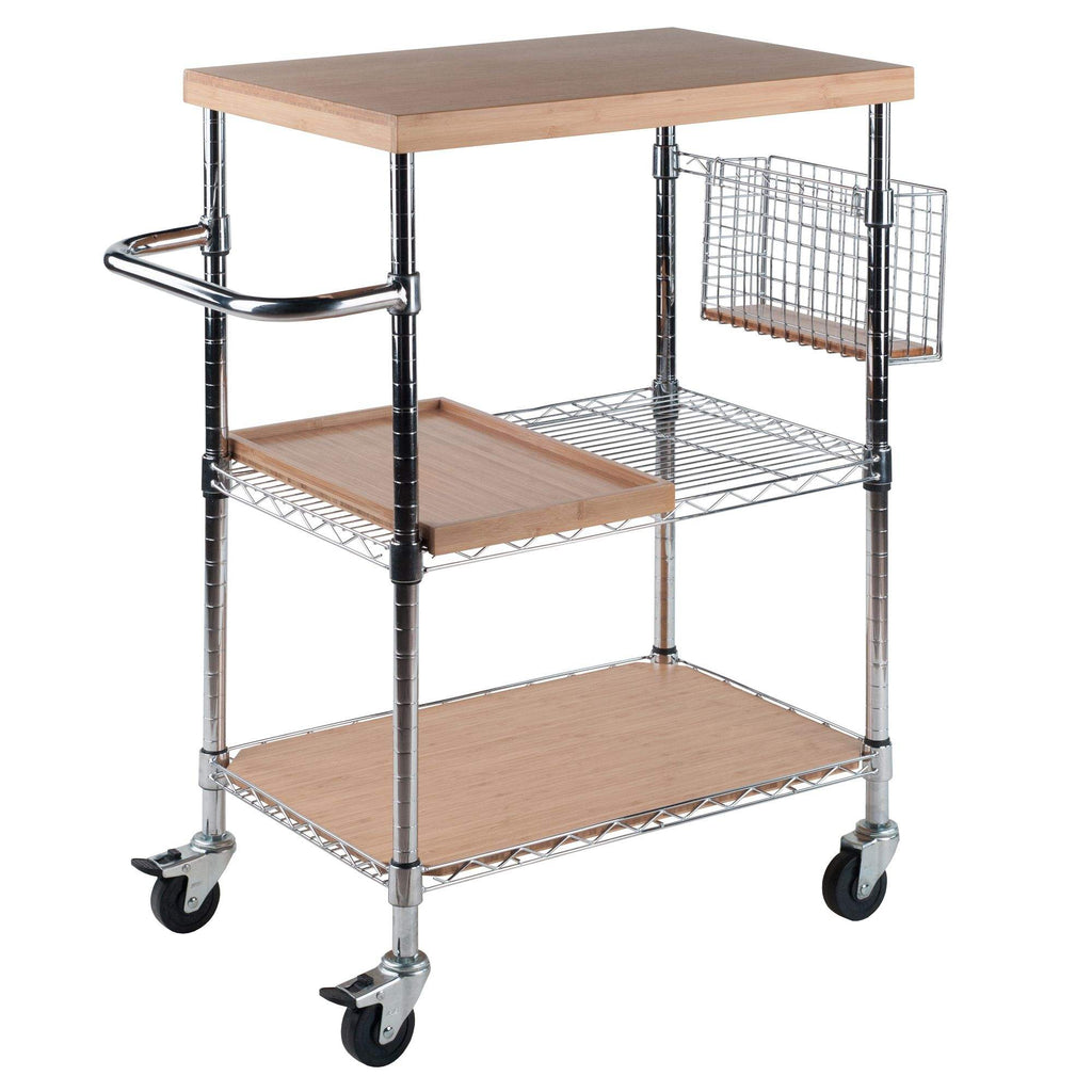 3-Tier Bamboo Kitchen Cart | Rolling Storage Cart with Wood Shelves, Wire Basket & Chrome Frame